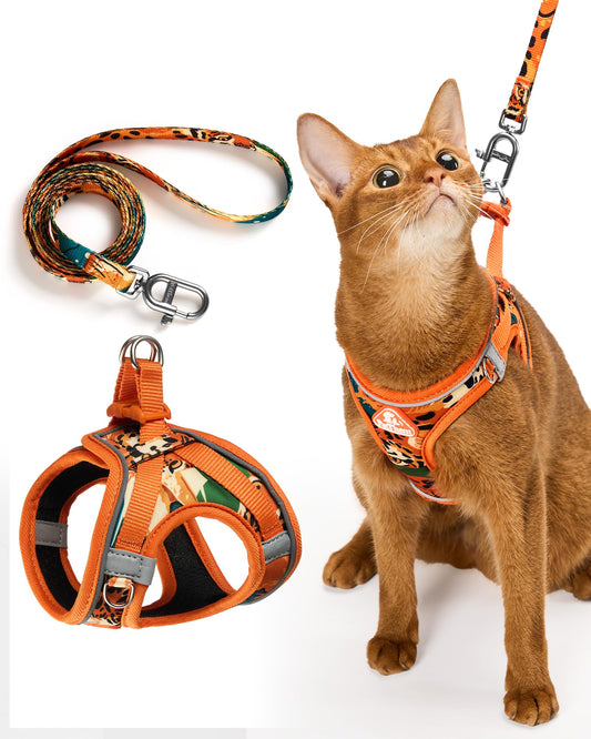 PetThem Upgraded Cat Harness and Leash Set - Step-in Escape Proof Adjustable Cat Harness, Comfortable Soft Lightweight, Reflective Harness for Walking, Travel, Camping (King of The Jungle, S)