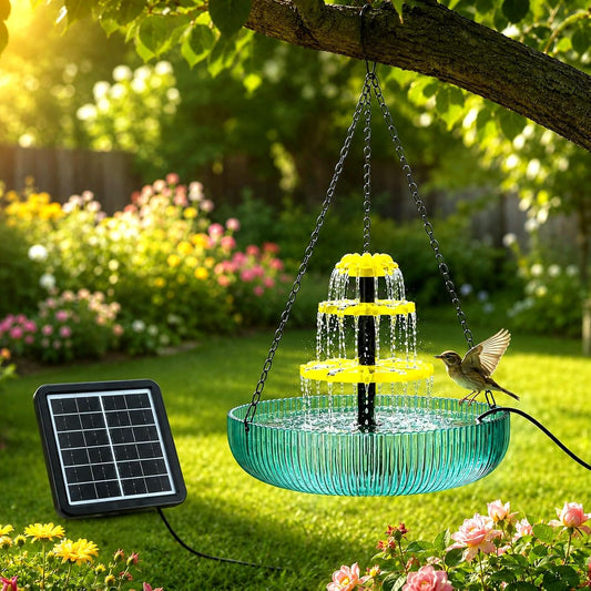 3-Tier Hanging Solar Cascading Bird Bath Fountain, 16.4FT/Extra Long Cord Solar Cascading Bird Bath Fountain for Garden Patio Yard Hummingbirds & Wild Birds