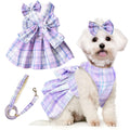 PETCARE Cute Dog Dress Clothes for Small Dogs Cats Girl Female Purple Plaid Bow Tie Dog Harness Dresses Leash Set with Pearls Bow Accessories Birthday Puppy Dress Shih Tzu Yorkies Chihuahua Outfits