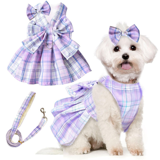 PETCARE Cute Dog Dress Clothes for Small Dogs Cats Girl Female Purple Plaid Bow Tie Dog Harness Dresses Leash Set with Pearls Bow Accessories Birthday Puppy Dress Shih Tzu Yorkies Chihuahua Outfits