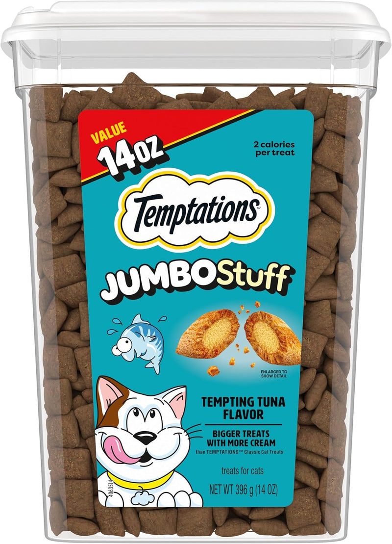 Temptations Jumbo Stuffed Cat Treats, Crunchy and Soft Cat Treats, Tempting Tuna Flavor, 14 oz. Tub
