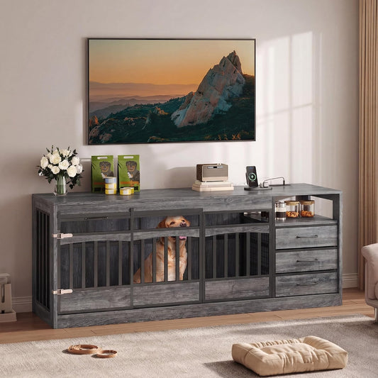 68.9" Double Dog Crate Furniture with 3 Storage Drawers,Grey