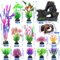 QUOZUO 15 Pcs Aquarium Artificial Plastic Plants Decorations and Resin Barrel and Coral Rock Cave Set, Fish Tank Accesso