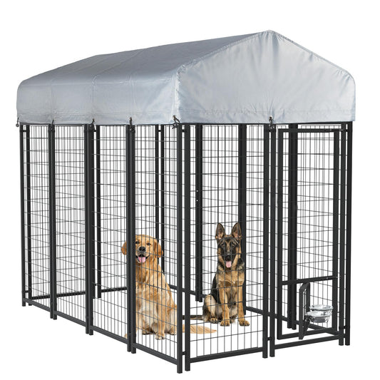 LEMBERI Heavy Duty Large Outdoor Dog Kennel 8x4x6 FT, Escape-Proof Dog Run with Double-Latch Gate, Heat Dissipation Sunshade Cover & 2 Stainless Steel Bowls, Galvanized Steel Dog Cage Enclosure