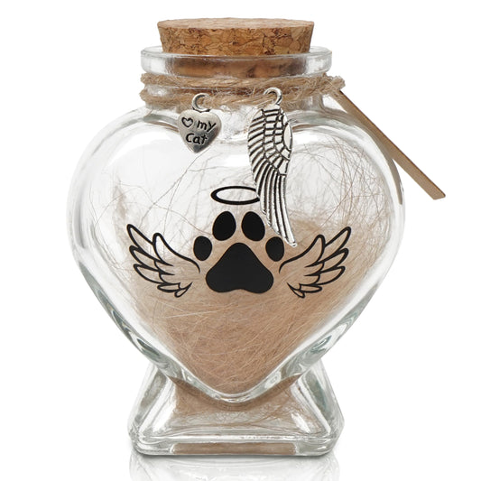 HAMUIERS Pet Memorial Gift for Loss of Cat, Heart Shape Glass Jar & Bottle for Fur, Hair, Whiskers or Ashes Keepsake Urn with Cork Top, Charms for Cute Rainbow Bridge Memorial