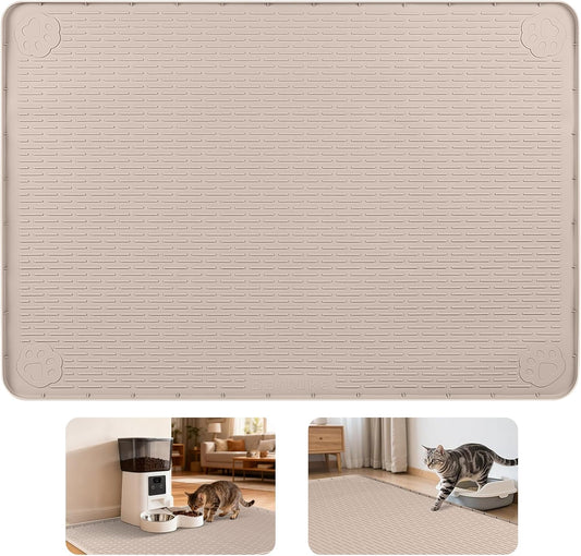 Bartuke Cat Food Mat, 40" x 28" Cat Litter Mat Extra Large Silicone Pet Feeding Mat with Raised Edge Pet Placemat for Food and Water Bowl Non-Slip, Easy to Clean, Floor Protection (Khaki)