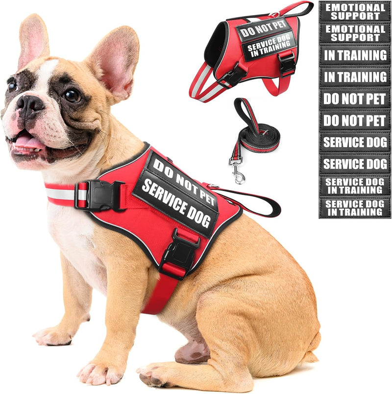 Service Dog Vest Harness and Leash Set+10 Patches,No Pull&Adjustable Reflective Dog Harness with Soft Padded Handle for 