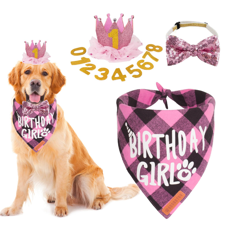 ADOGGYGO Dog Birthday Party Supplies, Multi Size Offered, Birthday Girl Dog Bandana, Pink Party Hat Crown with Numbers for Extra Large Dogs Pets (X-Large)