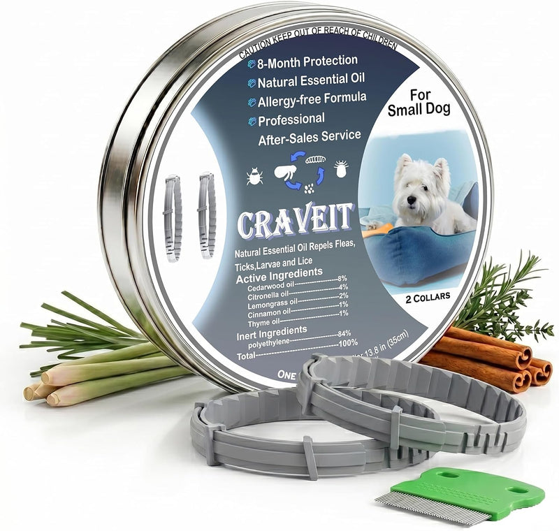 Craveit Dog Flea Collar, 2 Pack Flea Collar for Dogs Small, Gentle Plant-Based Tick Repellent for Small Dog, Waterproof 