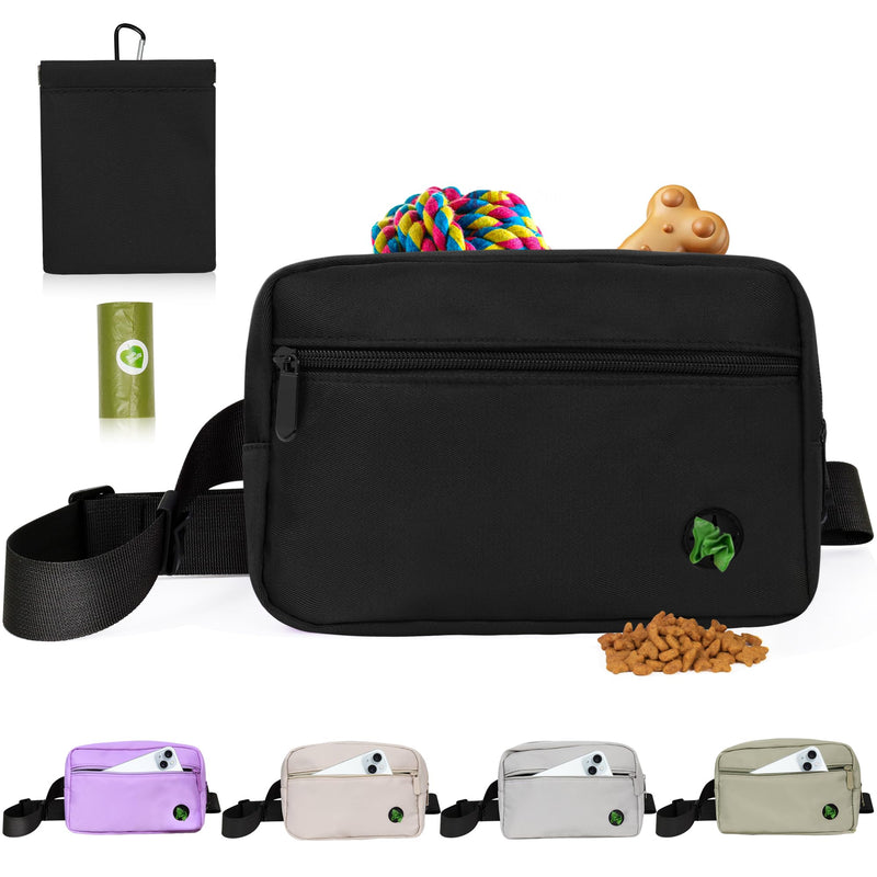 Puppy Dog Treat Pouches for Pet Training Treat Bag, Dog Walking Fanny Pack with Carabiner, Built-in Poop Bag Dispenser & Reuse Dog Poop Holder, Puppy Pet Treat Waist Belt (Black)