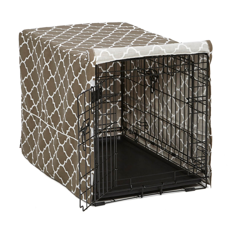 MidWest Homes for Pets Medium Dog Crate Cover with Teflon Fabric Protector, Poly-Cotton Privacy Kennel Cover Fits Most 30-inch Crates, Brown Designer Print, Washable, Reduces Barking