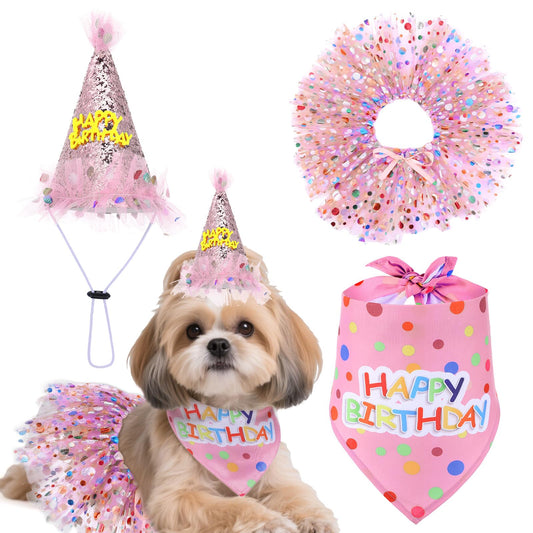 Dog Birthday Bandana with Hat and Dress Girl Set Puppy Birthday Party Supplies Cute Tutu Skirt Outfit for Small Medium Large Dogs Decorations(Pink)