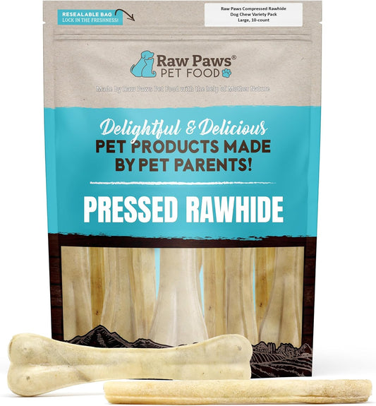 Raw Paws Compressed Rawhide Bones for Large Dogs (10 Pack) - Long Lasting