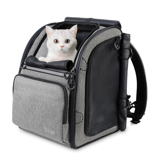 Tirige Premium Dog & Cat Carrier Backpack for Travel, Hiking & Vet Visits - Solid Durable Pet Backpack with Breathable Mesh, Safety Strap, Anti-Anxiety Curtain & Storage Pockets (Gray)