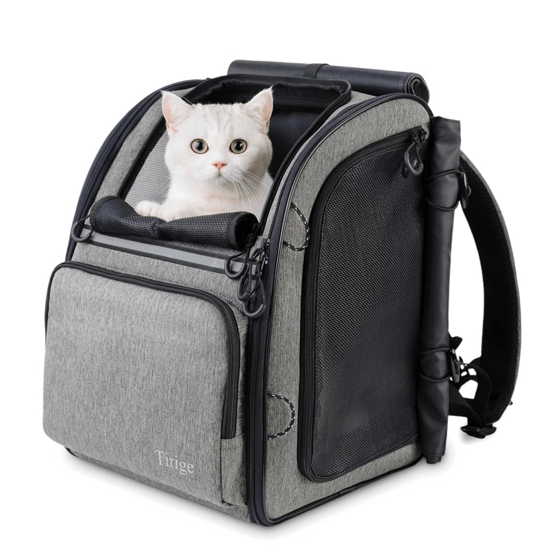 Tirige Premium Dog & Cat Carrier Backpack for Travel, Hiking & Vet Visits - Solid Durable Pet Backpack with Breathable Mesh, Safety Strap, Anti-Anxiety Curtain & Storage Pockets (Gray)