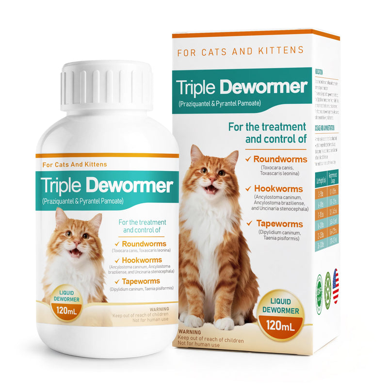Cat Dewormer Liquid - Triple Dewormer with Pyrantel Pamoate & Praziquantel for Tapeworms, Roundworms & Hookworms, Easy-to-Give Broad-Spectrum Liquid for Cats,120 mL (4.2 fl oz)