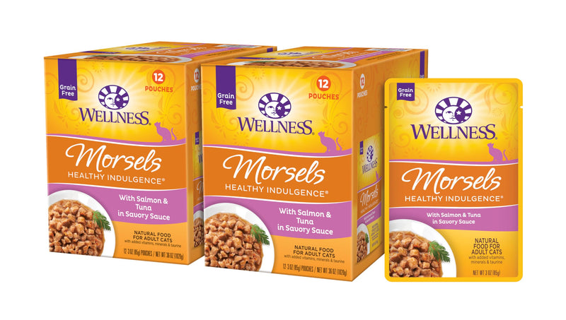 Wellness Healthy Indulgence Morsels Adult Wet Cat Food, Natural, Protein Rich, Grain Free, Salmon and Tuna Recipe, 3 oz, Pack of 24 Pouches