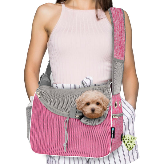 PetAmi Small Dog Sling Carrier, Soft-Sided Crossbody Puppy Carrying Purse Bag, Adjustable Sling Pet Pouch to Wear Medium Dog Cat Travel, Dog Bag for Traveling, Poop Bag Dispenser, Max 10 lbs, Pink