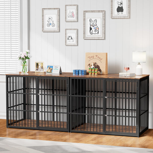 Lyromix 94.48'' Dog Crate Furniture Large Breed TV Stand with Double Rooms,Wooden Dog Kennel Dog Crate End Table with Removable Divider for Large Medium Dogs, Can Use Separately