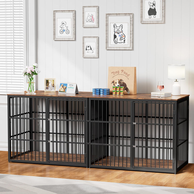 Lyromix 94.48'' Dog Crate Furniture Large Breed TV Stand with Double Rooms,Wooden Dog Kennel Dog Crate End Table with Removable Divider for Large Medium Dogs, Can Use Separately
