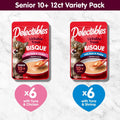 Delectables Lickable Treat Bisque Senior 10+ Wet Cat Treat Variety Pack, Food Topper, Hydrating, Grain-Free, No Fillers, No By-Products, No Added Preservatives, 1.4oz Pouch, 12ct