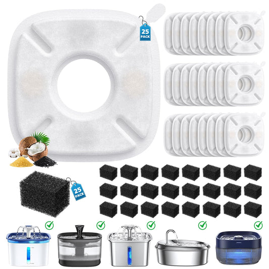 50 Pcs Cat Water Fountain Filters for Veken 95oz/2.8L, 67oz, 135oz Dog Water Fountain Automatic Pet Fountain Dog Water Dispenser 25Pcs Pet Fountain Filter Replacement & 25Pcs Pre-Filter Sponges