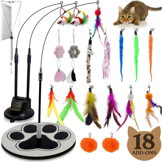 18-Piece Interactive Cat Toys for Indoor Cats, Cat Stuff Heavy Duty Self-Holding Floor Base & Suction Cup - Durable Feather Wand Bird Simulation Self Play Kitten Toys for Bored Adult Cats Juguete Gato