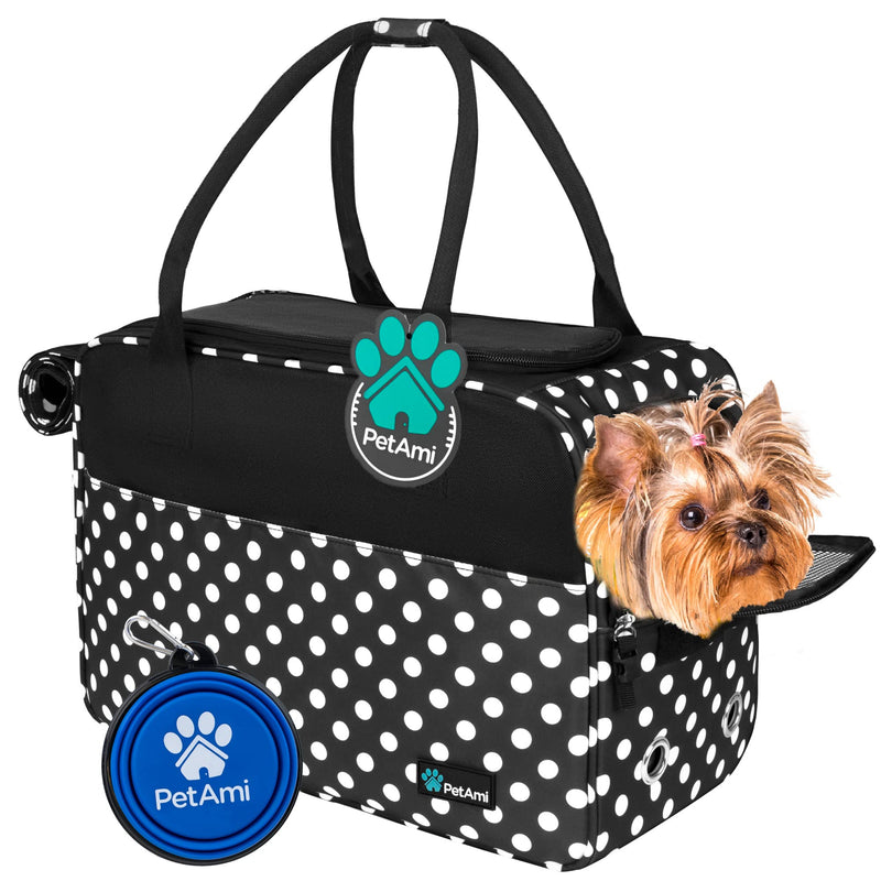 PetAmi Dog Purse Carrier for Small Dogs Cats, TSA Airline Approved Soft-Sided Pet Carrier with Pockets, Ventilated Travel Tote Bag with Bed & Shoulder Strap, Puppy Kitten, Max 12 lbs, Polka Dot Black