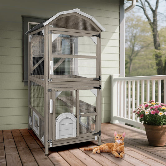 PetsCosset 71" Cat House Outdoor Catio Cat Enclosures, Indoor Kitty Cage Condo Attachable Window with 3 Platforms Waterproof Roof and Resting Box for Patio