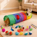 iCAGY 25 Pcs Cat Toys for Cats, Indoor Kittens - Interactive Variety Pack, 45 inches Rainbow Cat Tunnel, Feather Teaser, Feather Golf, Mice, Springs, Balls, Noise Toys - Rainbow/Colorful 45"