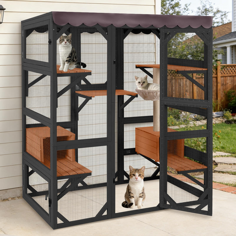 70.1’’ Large Catio Outdoor Cat Enclosure, Weatherproof Walk-in Cat Cage with Hammock and Scratching Post for Multiple Cats, Cat Patio with Platforms and Resting Boxes (Brown)