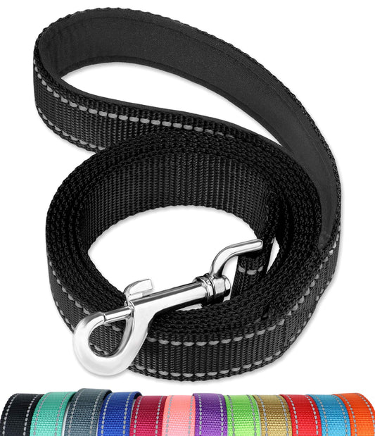 FunTags 6FT Black Reflective Dog Leash for Large & Medium Dogs Walking, Soft Padded Handle Comfortable Grip, Heavy Duty Nylon, Reflective for Night Walking, 1in Wide