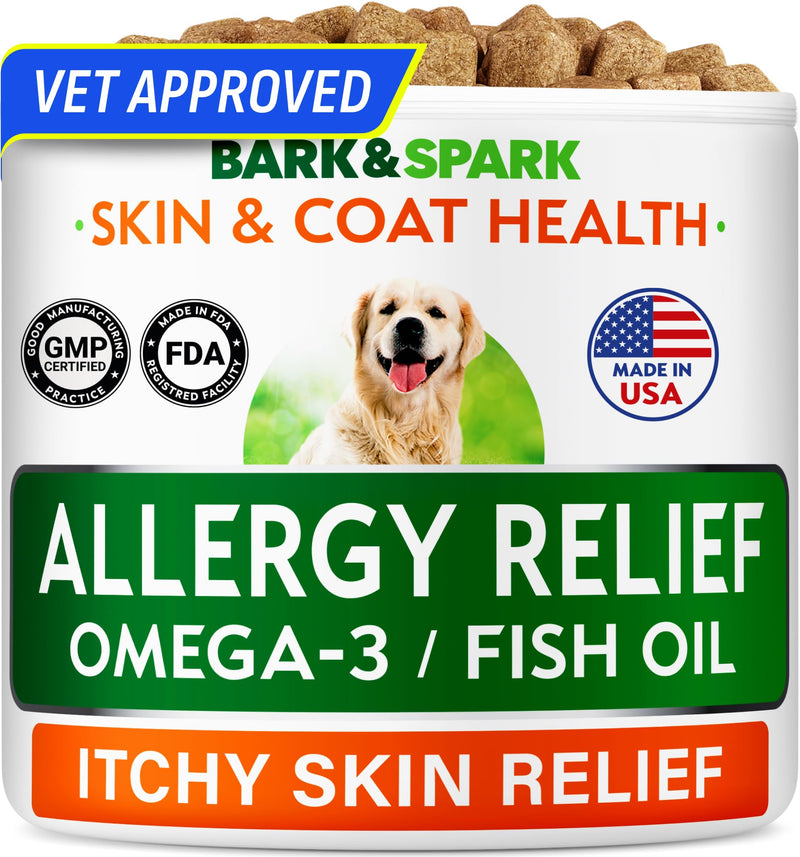 BARK&SPARK Dog Allergy Relief Soft Chews for Skin Health & Seasonal Allergies - Anti-Itch Supplement w/Omega-3, Quercetin & Bromelain Immune Treats for Dry Skin & Hot Spots - BBQ Chicken - 60ct