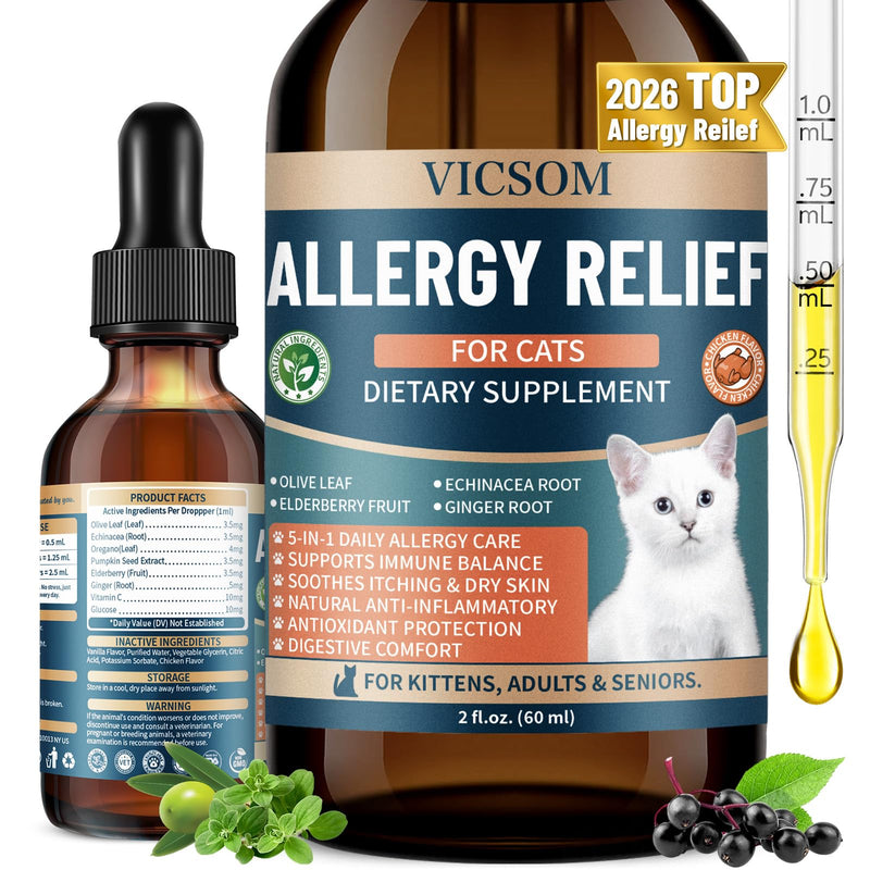Cat Allergy Relief for Cats, Seasonal Skin Allergy Relief for Cats Itchy Skin, Paws, Eyes, Ears, Stop Licking & Scratching, Calms Dry Skin, Matted and Shedding Fur, Cat Immune Support, 60ml