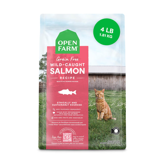 Open Farm, Grain Free Dry Cat Food, High-Protein Kibble for a Complete & Balanced Diet, Non-GMO Fruits & Vegetables, Prebiotic Fibers to Support Digestion, Wild-Caught Salmon Recipe, 4lb Bag