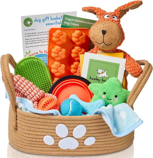 Premium Puppy Starter Kit - New Puppy Gift Basket with Essentials, Toy Box, Treat Tray, Training Supplies, Chew & Squeaky Toys for Puppies and Small Dogs - Complete Dog Must Haves for New Dog Owners