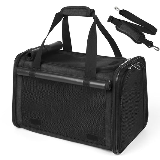 YUDODO 25 lbs Lightproof Soft Sided Large Cat Carrier for Small Pet Dog Airline Approved Travel Bag Puppy Carriers with Side Pockets & Reflective Mesh, Foldable Portable for Outdoor Car Black