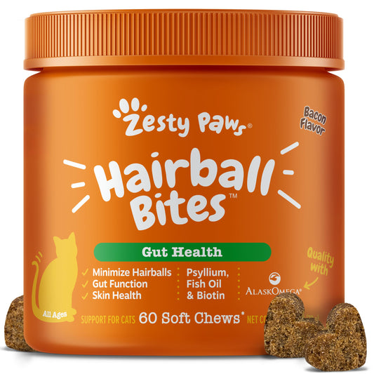 Zesty Paws Hairball Bites for Cats - Cat Furball Support - Functional Supplement with Omega 3 Fish Oil EPA & DHA + Zinc, Biotin & Psyllium Husk - Supports Gut & Skin Health - 60 Count
