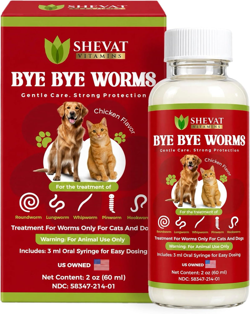 Bye Bye Worms – Advanced Dewormer for Cats & Dogs | Safe & Effective Liquid Worm Treatment | Chicken Flavor | 2 oz