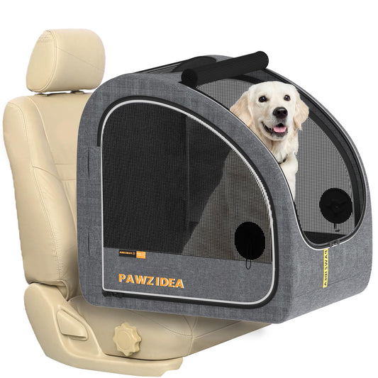 PAWZIDEA Portable Dog Crate for Car Travel, Collapsible Pet Travel Crates for Medium & Large Dogs, Enclosed Soft-Sided Car Kennel Carrier for Backseat, Secures w/Seatbelt & Headrest Strap, Chew-Proof