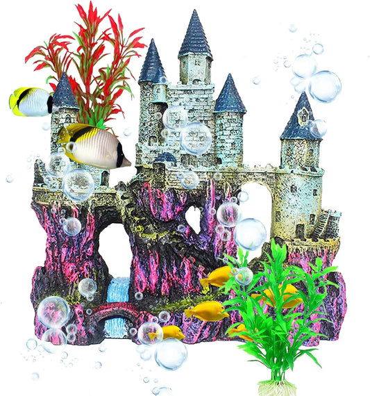 Aquarium Castle Decor, Resin Castle for Fish Tank with Randomly Color Plants Decorations Accessories for Freshwater and 