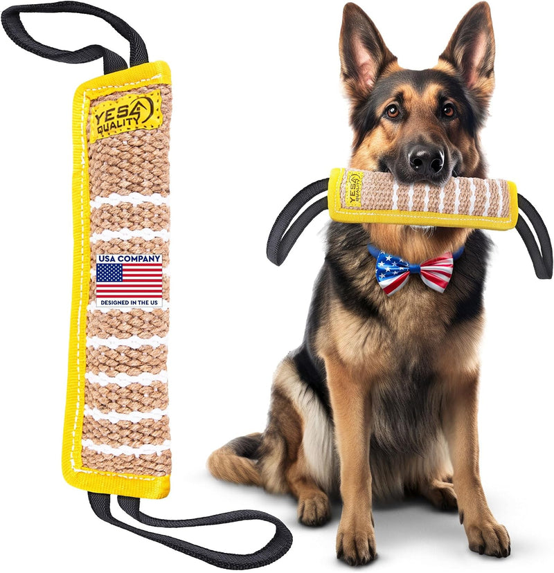 Dog Bite Tug Toy 12 x 3.2 Inches - Durable Pull Toy with 2 Soft & Strong Handles - Tough Jute Bite Pillow for Medium to 