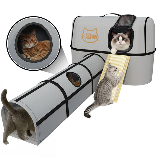 HAIDIVAN Pet 4-in-1 Cat Tunnel, Carrier, House & Scratcher – Detachable and Combinable – Indoor Beds, Outdoor Use, Cat Toys & Furniture (Gray)