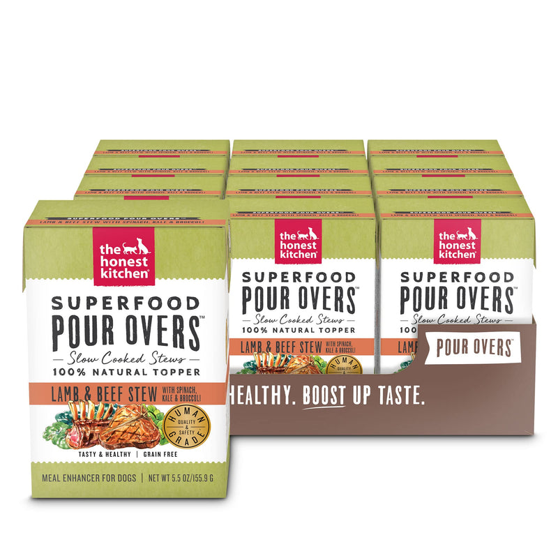 The Honest Kitchen Human Grade Superfood POUR OVERS Wet Toppers for Dogs (12 Pack), 5.5 oz - Beef & Lamb Stew
