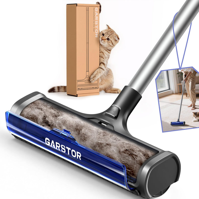 Garstor Carpet Hair Removal Tool, Long Handle Dog Hair Remover, Reusable Carpet Sweeper, Pet Fur Remover with Dust Container for Carpet, Rugs, Mats, Furniture, Upholstery
