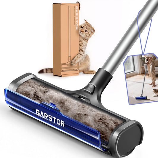 Garstor Carpet Hair Removal Tool, Long Handle Dog Hair Remover, Reusable Carpet Sweeper, Pet Fur Remover with Dust Container for Carpet, Rugs, Mats, Furniture, Upholstery