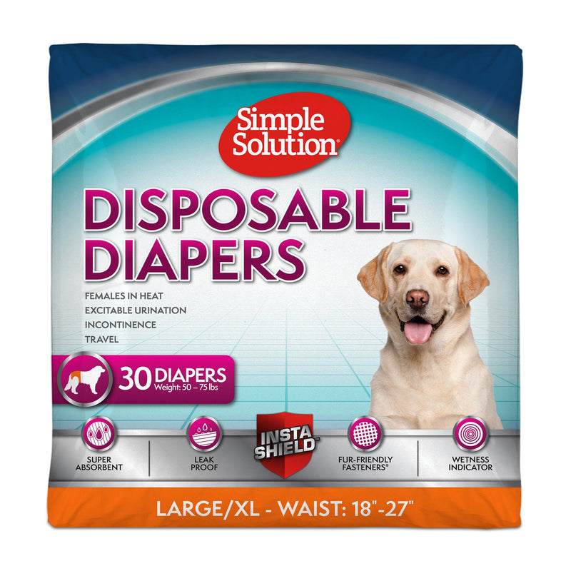 Simple Solution Disposable Dog Diapers, Female Dog Diapers, Puppy Potty Training, Incontinence and Heat Cycle Protection, Large Diapers for Dogs, 18-27 Inch Waist, 30 Count