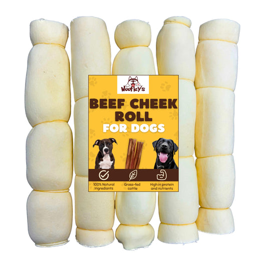Woofley's 9-10" Buffalo Beef Cheek Roll - (5 Count)- Beef Cheek Rolls for Dogs - Long Lasting Natural Dog Chews