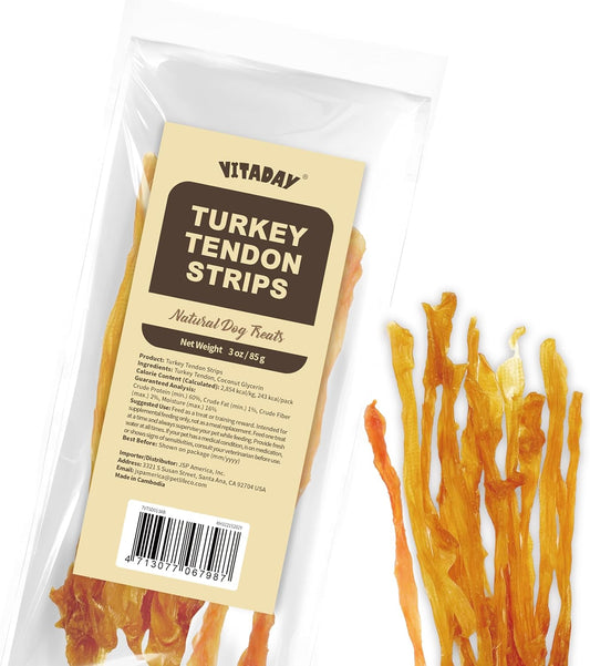 VITADAY Turkey Tendon for Dogs, USA-Sourced, Strips, 3 oz