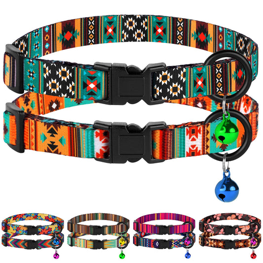Cat Collars 2 Pack - Soft Cute Breakaway Collar with Bell, Adjustable Safety Kitten Collars for Girl & Boy Cats – Comfortable Stylish Patterned Print Lightweight (Tribal + Southwest)
